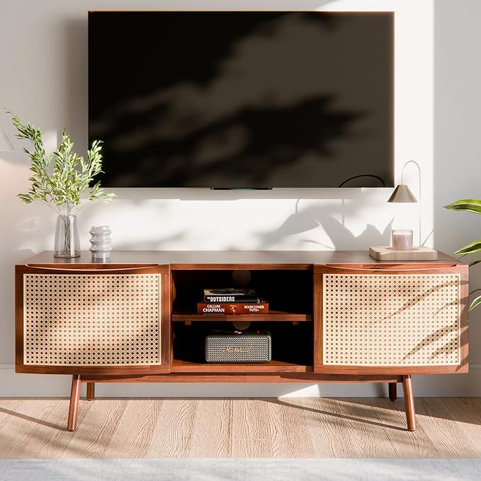 Bme TV Stand with Elegant Curved Shape & Inlaid Rattan, Nancy Solid Wood Tv by Bme
