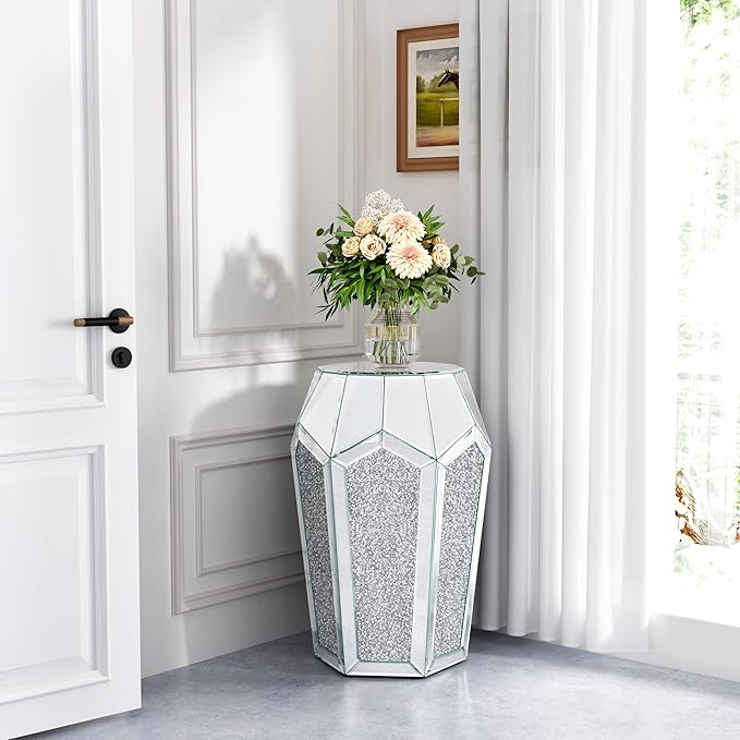 ENENE Mirrored End Table Crystal Diamond Setting Coffee Table Silver Glass Side by ENENE