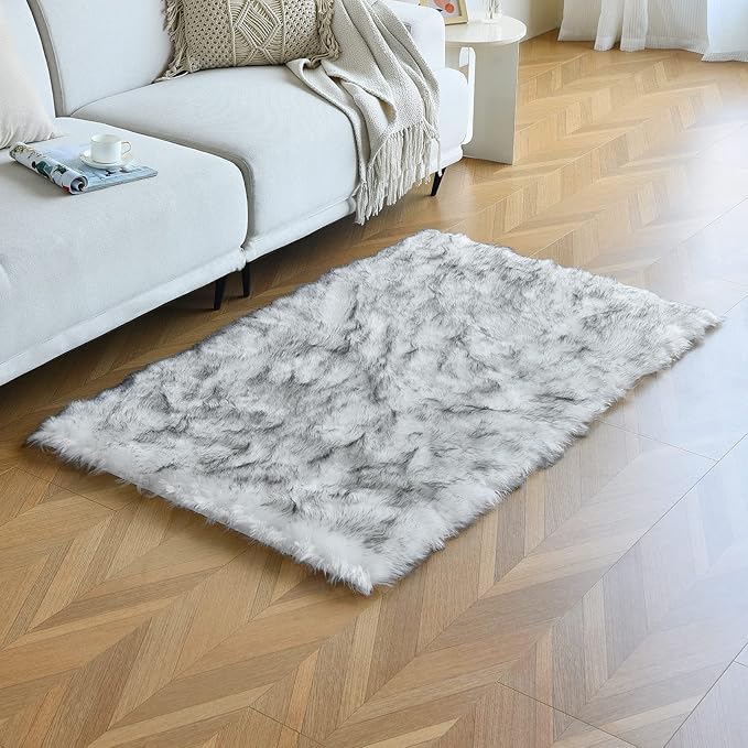duduta White Black Faux Sheepskin Fur Rug 3x5 ft, Fluffy Shag Bedroom Dorm - Image 5