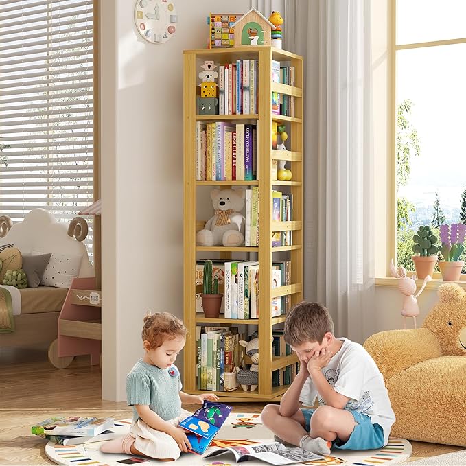 Homykic Rotating Bookshelf, Bamboo 360 Display Spinning Bookshelf Tower - Image 5
