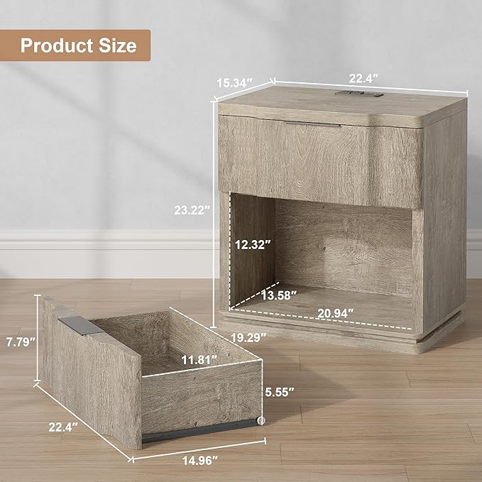 Night Stand with Charging Station, Wooden Mid Century Modern Nightstand with - Image 2