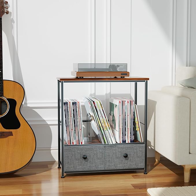 Record Player Stand with Vinyl Storage, 2-Tier Record Shelf Table with Fabric - Image 2