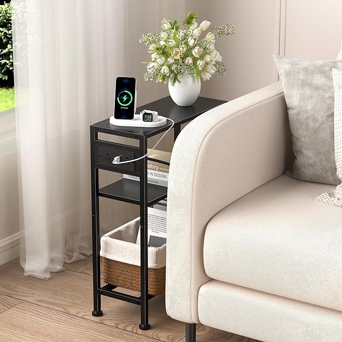 Small Narrow Side Table with Charging Station, Skinny End Table - Image 9