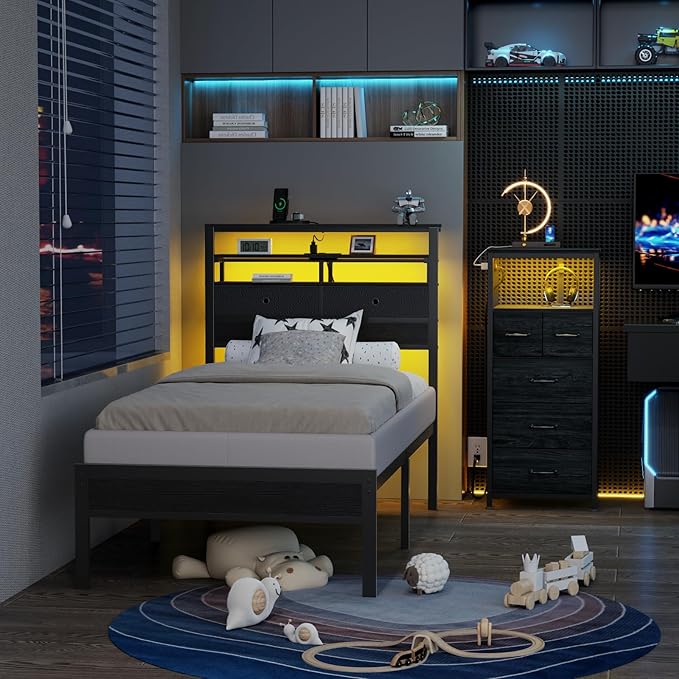 Furnulem Twin Bed Frames with Charging Station and LED Lights, Wood Headboard - Image 6