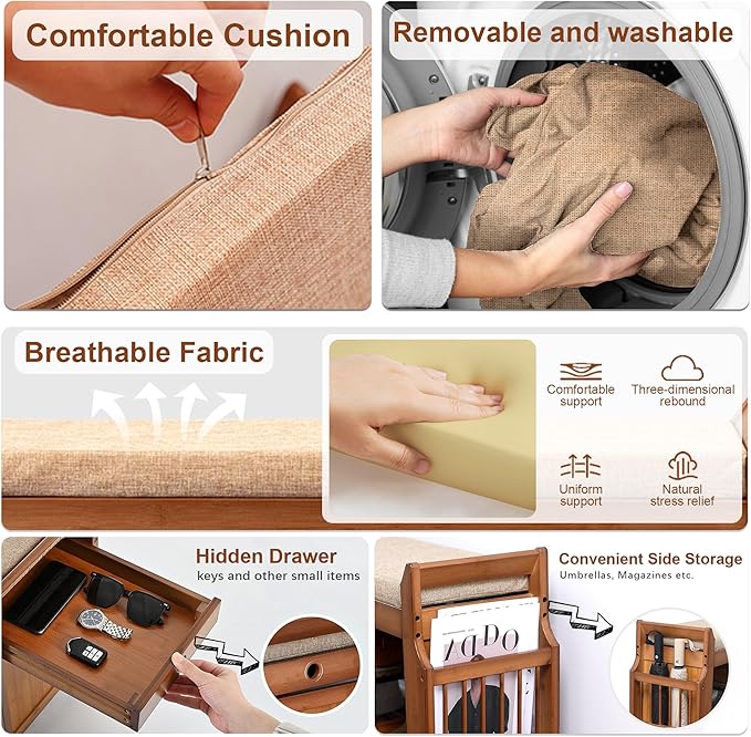 Shoe Storage Bench for Entryway, Bamboo Entryway Bench - Image 4