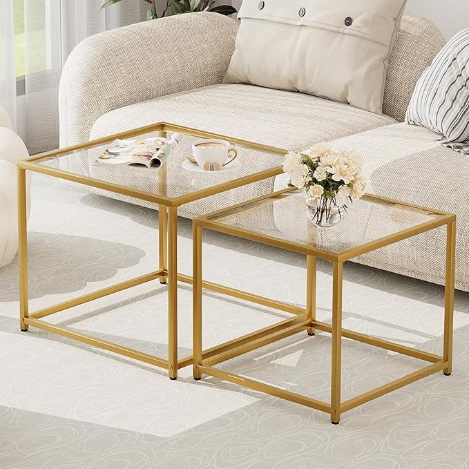 Garden 4 you Coffee Table Set of 2, Modern Glass Nesting Table, Metal Frame - Image 3