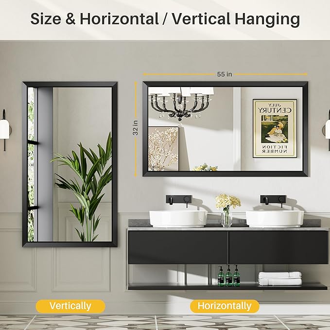 55x32 Inch Black Bathroom Mirror - Image 6