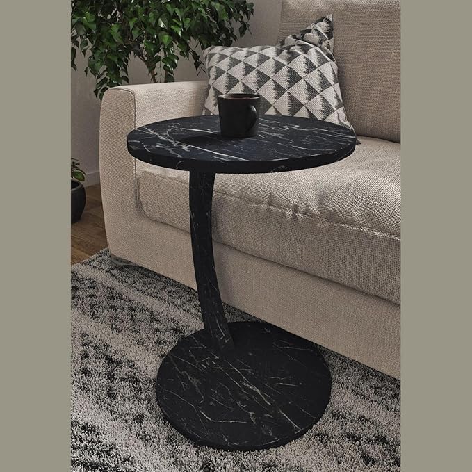 C Shaped End Table for Couch Small Places, Faux Marble Black Space Saver Round - Image 3