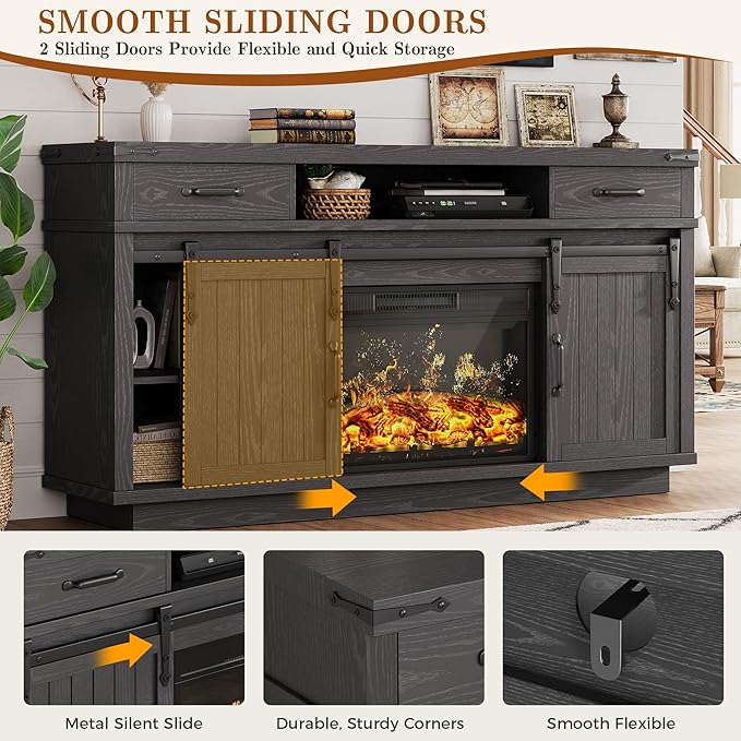 59'' Fireplace TV Stand with 3D Flame Electric Fireplace Heater, Entertainment - Image 7
