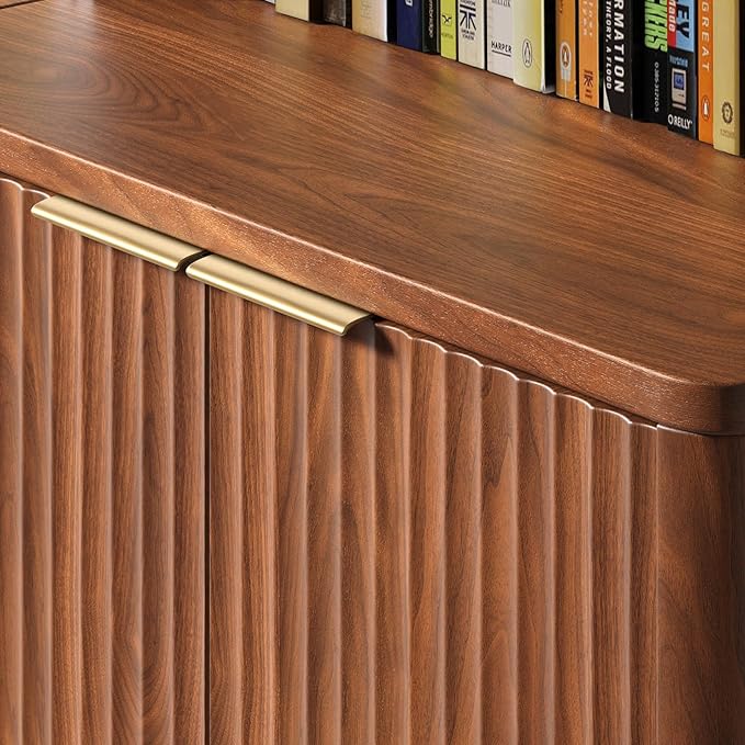71" Walnut Bookcase with Doors, 5 Tier Fluted Tall Bookshelf with Storage - Image 5