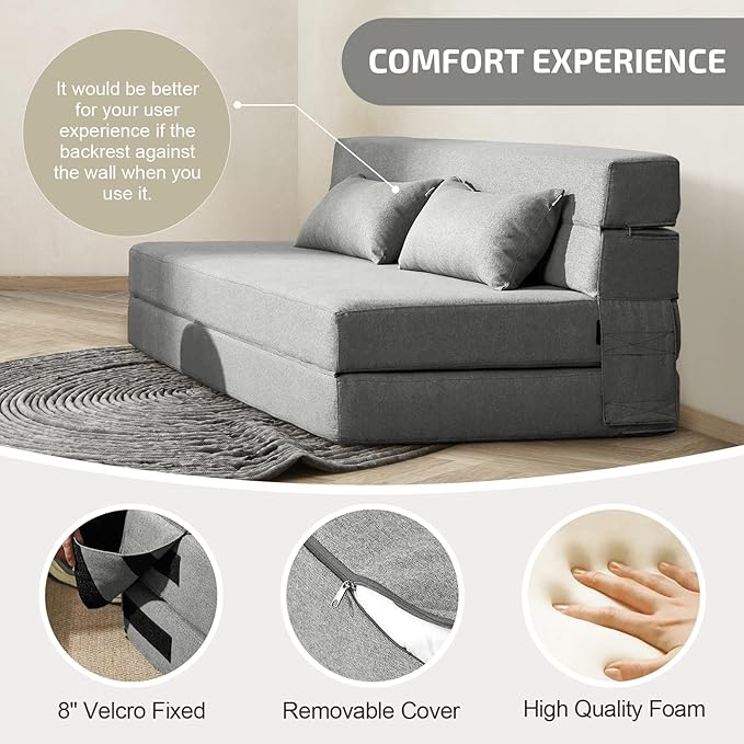 Folding Sofa Bed with Pillows- Convertible Chair Floor Couch & Sleeping Mattress - Image 5
