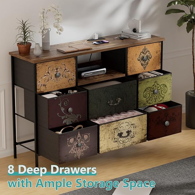 Pattern Dresser with LED Lights and Power Outlets, Dresser TV Stand with 8 - Image 8