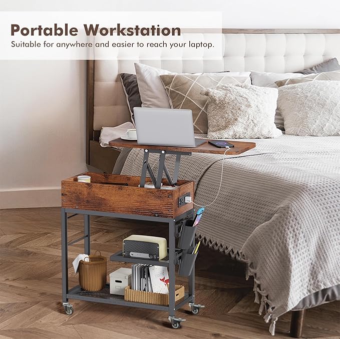 Colima Lift Top End Table with Charging Station and Wheels, Sofa Side Table - Image 9