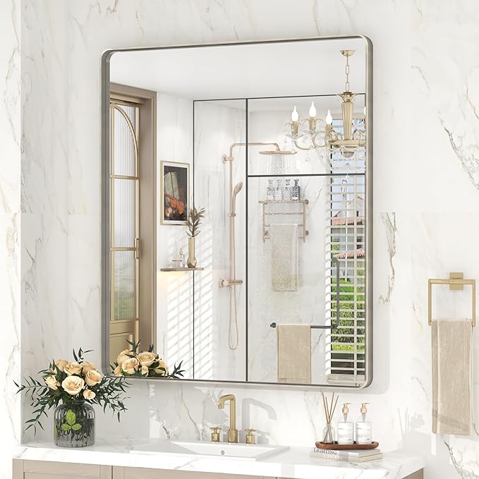 30x36 Inch Brushed Nickel Bathroom Mirror, Brushed Silver Metal Framed Wall by VANLIOBathroomMirror