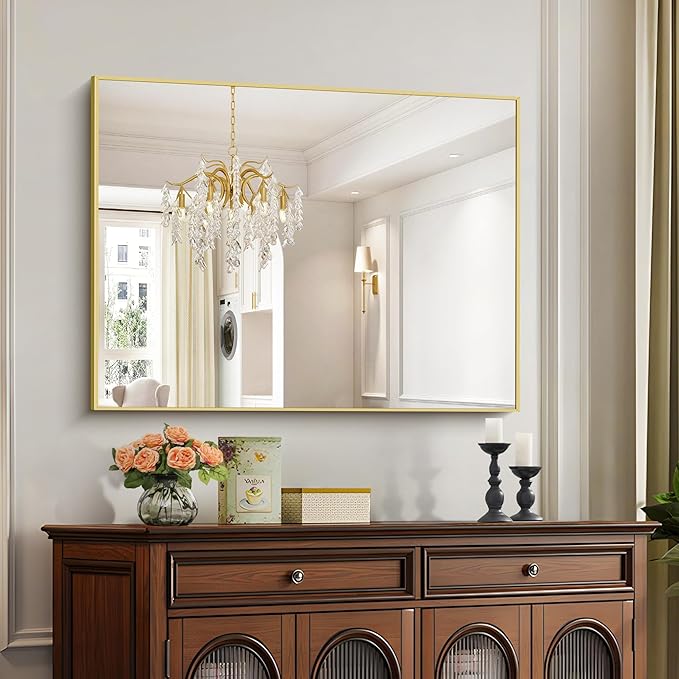 30x40In Gold Bathroom Mirror for Wall, Brushed Gold Rectangle Mirrors - Image 3