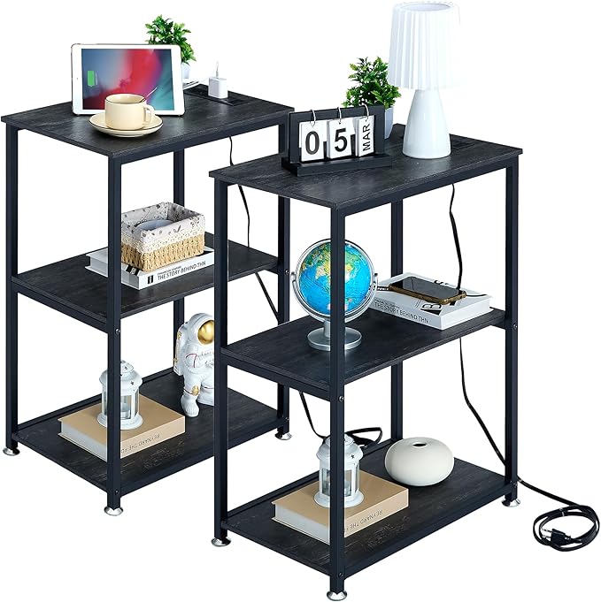 VECELO Tall End Table with Charging Station, Side Table with USB Ports and by VECELO