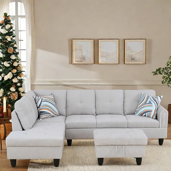 L Shaped Sectional Couch with Otttoman, Apartments, Light Grey by FONTOI