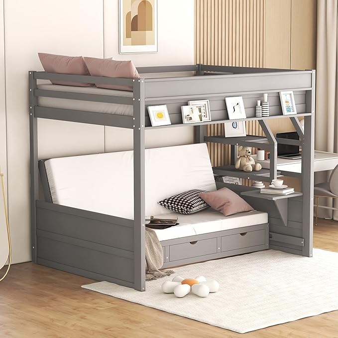 Full Size Wood Bunk Bed with Storage Staircase, Bedside Table, and 3 Drawers - Image 4