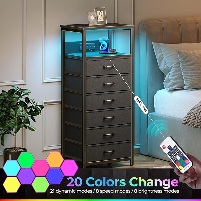 Seventable Night Stand with Charging Station, Tall Nightstand with 6 Fabric - Image 6