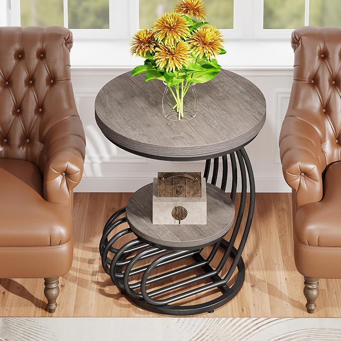 Tribesigns Round End Table: 2 Tiers Wood Side Table Set of 2 - Image 4