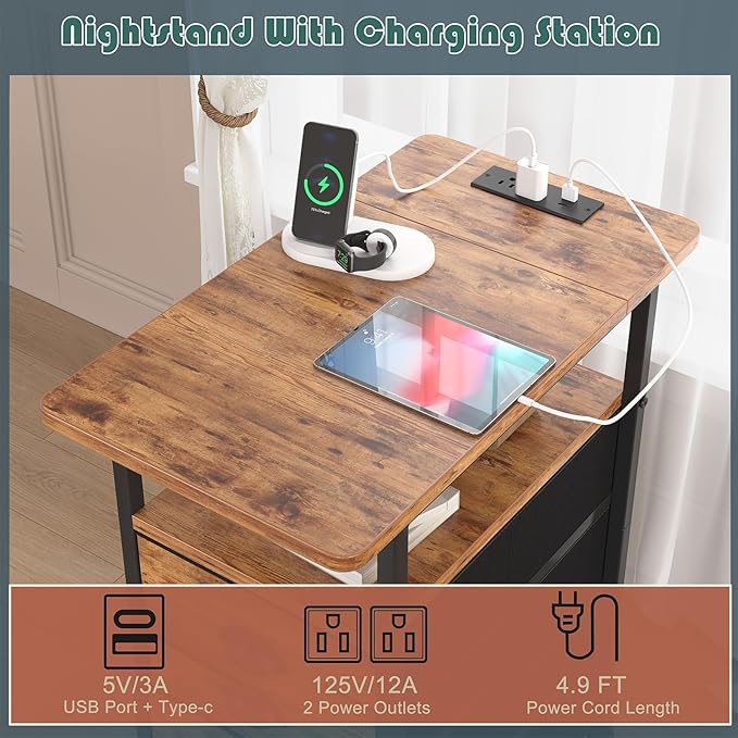 End Table with Charging Station, LED Side Tables with USB Ports and Outlets - Image 4