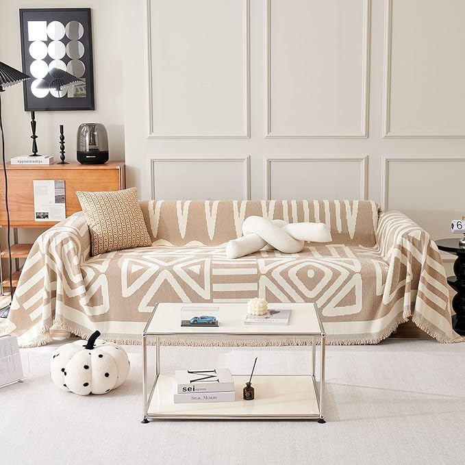 STACYPIK Thick Boho Sofa Cover Beige Khaki Triangle Plaid Couch Cover Skin by STACYPIK