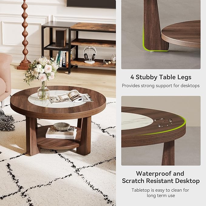 LITTLE TREE Modern Round Coffee Table, 2-Tier Wood Coffee Table - Image 8