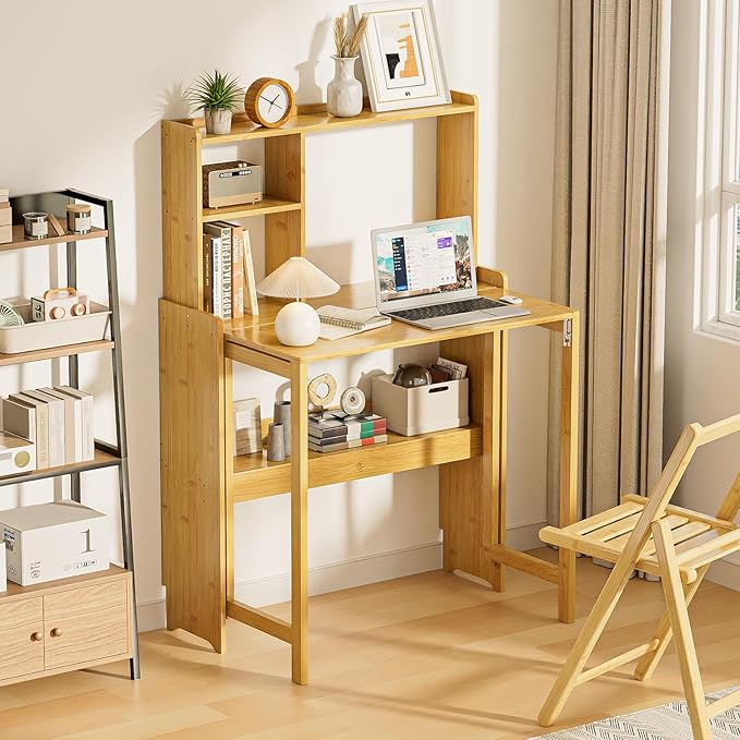31.1" Bamboo Folding Desk with Bookshelf, Compact Computer Desk - Image 8
