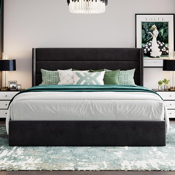 SHA CERLIN King Size Lift Up Storage Bed/Velvet Upholstered/Modern Wingback - Image 7