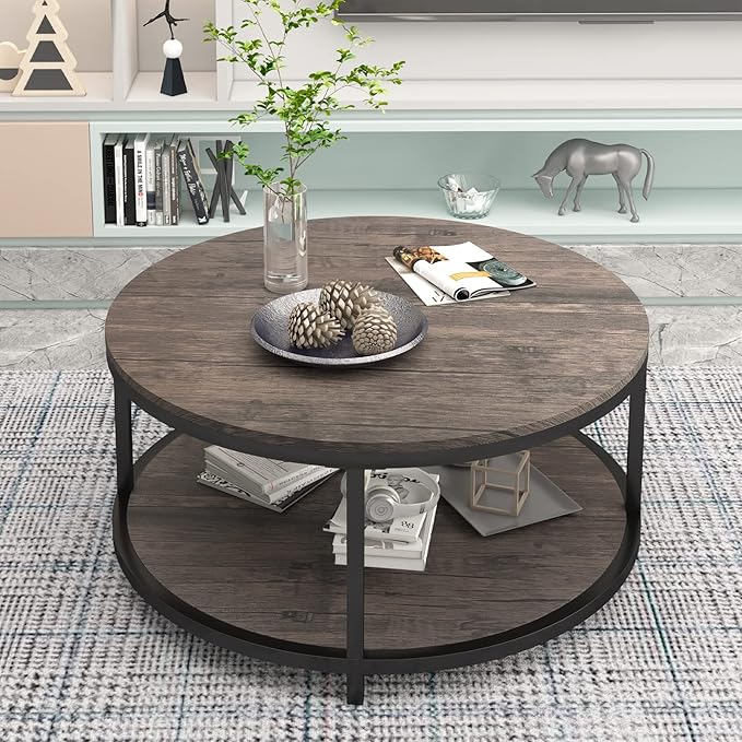 NSdirect Round Coffee Table, 2-Tier Rustic Wood Desktop - Image 4