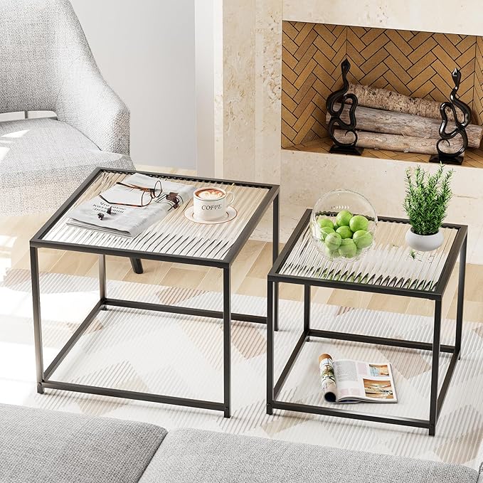 VILAWLENCE Coffee Table Set of 2, Modern Black Glass Side Table, Metal Frame by VILAWLENCE