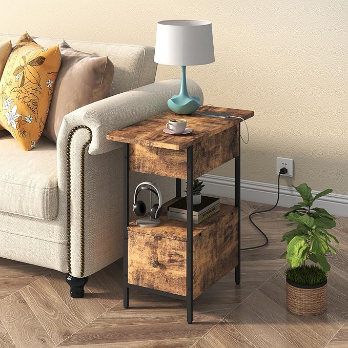 SOOWERY End Table with Charging Station, Narrow Side Table with Flip Top - Image 2