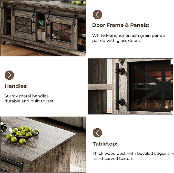 IRONCK 48'' Coffee Table with Sliding Barn Doors, Rustic Center Table with 6 - Image 6