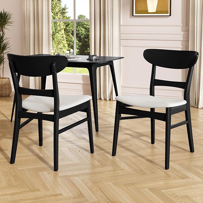 Set of 2 Solid Wood Dining Chairs, Fabric Upholstered Seat Mid-Century Modern by Merax