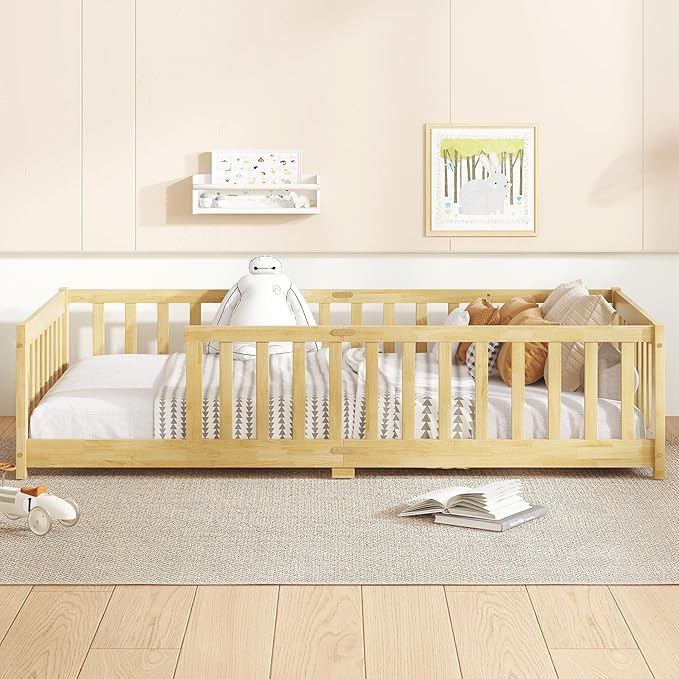 Bellemave Twin Floor Bed with Slats and Safety Guardrails, Kids Montessori - Image 2