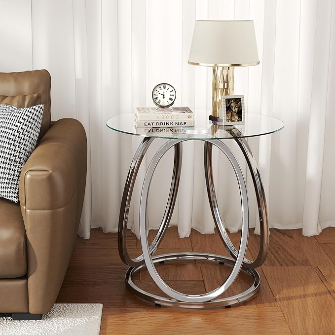 O&K FURNITURE Silver End Table for Living Room, Glass Side Table for Bedroom by OKFURNITURE