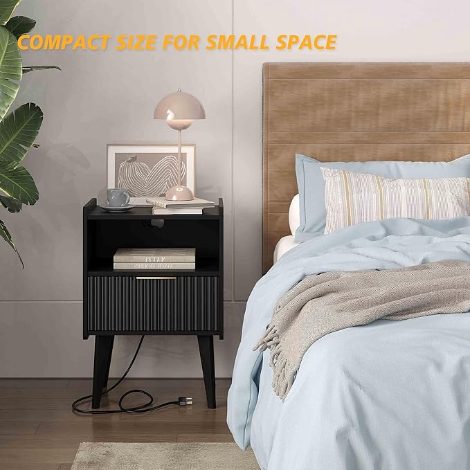 Fluted Nightstand with Charging Station, Modern Bedside Table with Drawer - Image 4