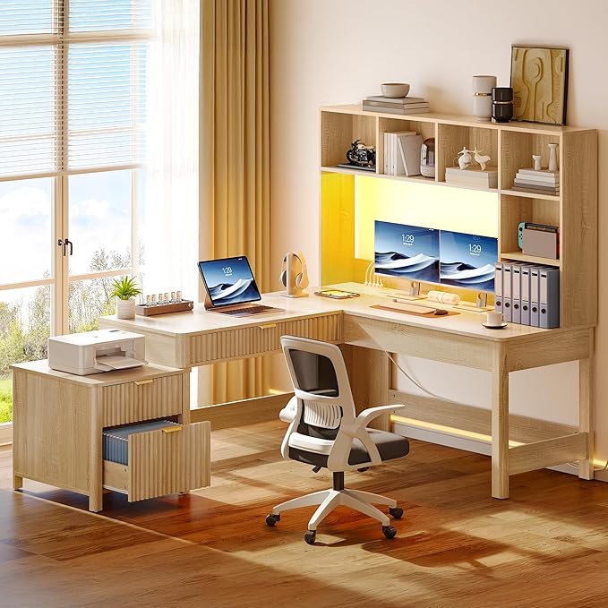 YITAHOME L Shaped Desk with Hutch and Drawers, Wood Home Office Desk with by YITAHOME