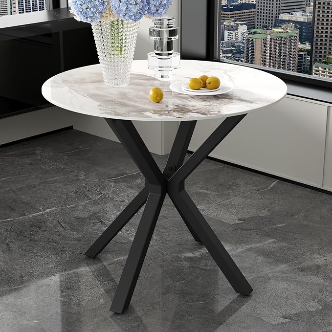 Marble Round Dining Table with Black Metal Legs, 32 in Modern Sintered Stone - Image 5