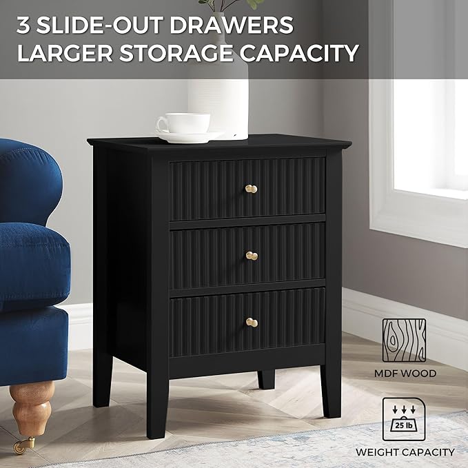 OCANDO Fluted Black Nightstand 19", 3 Drawers Night Stand, Bed Side End Table - Image 5