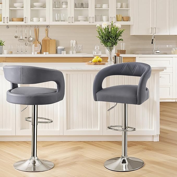 VECELO Bar Stools Set of 2 Adjustable Swivel Modern Pu Leather Barstools - Image 2