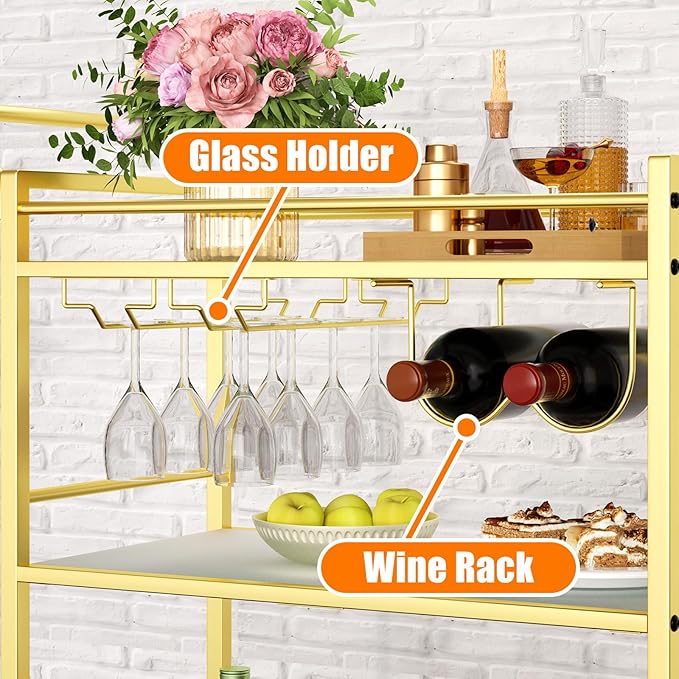 Gold Bar Cart, Serving Cart for Home, Rolling Beverage Cart - Image 8