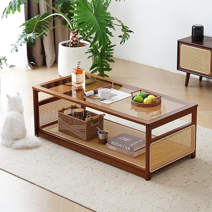 Welnow Rattan Coffee Table for Living Room, Modern 2-Tier Rectangle Center Table - Image 9