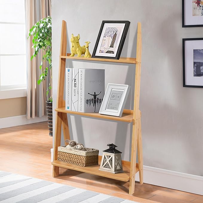 DOUSY-3-Tier Ladder Shelf, Bamboo Ladder Bookshelf Leaning Bookcase Trapezoid - Image 6