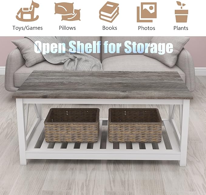 Farmhouse Coffee Table, 2-Tier Rectangular Wooden Centre Cocktail Table - Image 7