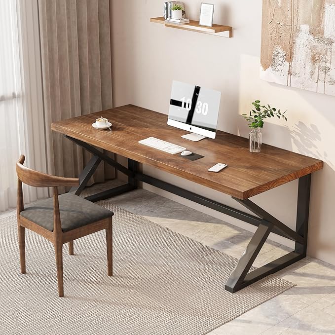 Solid Wood Computer Desk, Rustic Style 55-inch Large Office Desk- Modern Gaming by Sihtengxxhongs