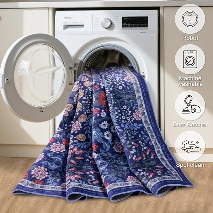 Area Rugs 9x12 Living Room: Floral Washable Rug Vintage Large Soft Boho - Image 5