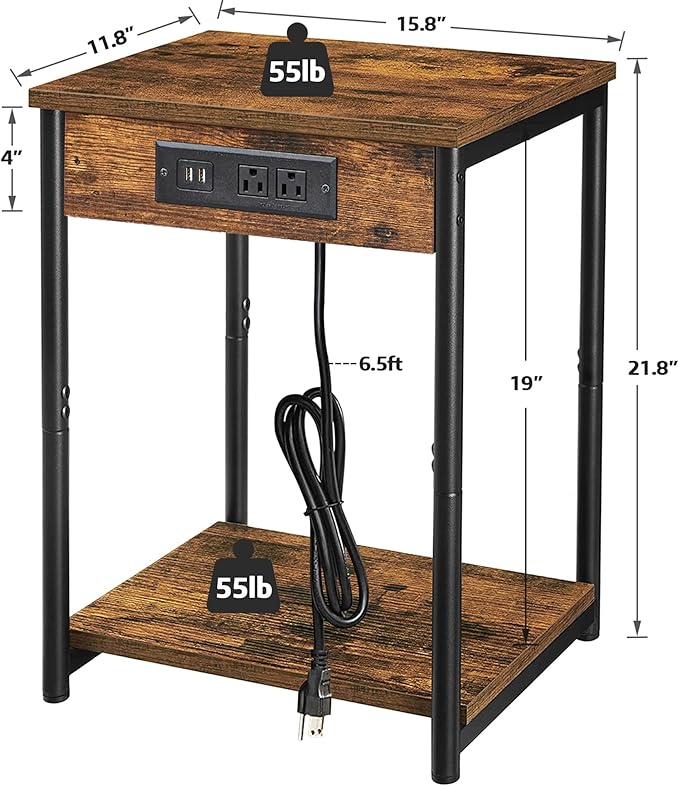 TUTOTAK Nightstand with Charging Station, End Table, Side Table with USB - Image 6