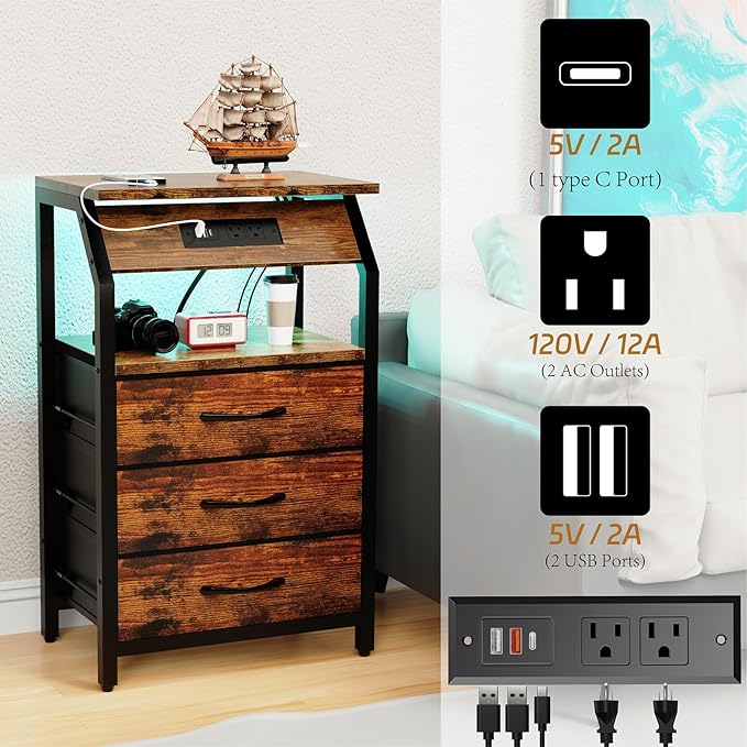 End Table with Charging Station, Nightstand with LED Lights and 3 Drawers - Image 6