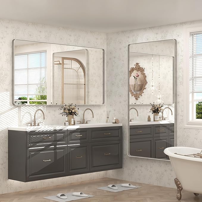 60x30 Silver Bathroom Mirror, Brushed Metal Framed Mirror - Image 6